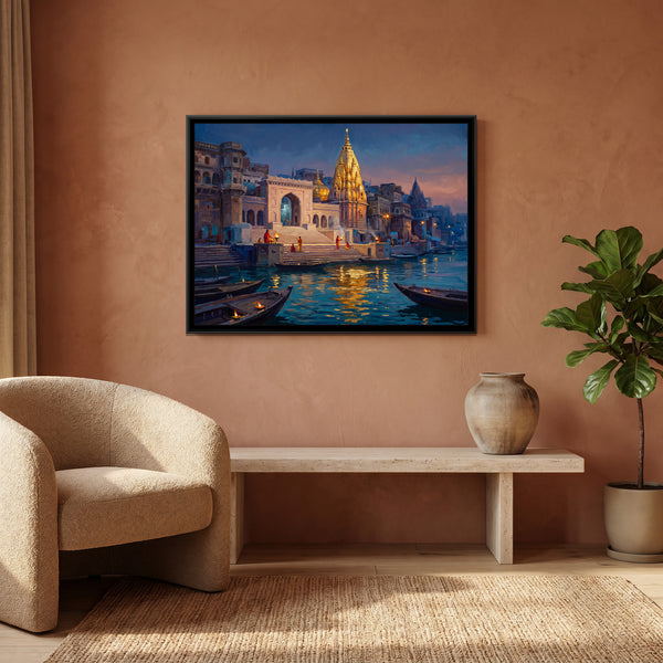 Kashi Vishwanath from the River at Blue Hour, canvas in a room