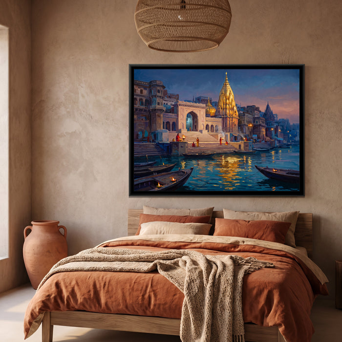 Kashi Vishwanath from the River at Blue Hour, canvas print shown in a second room