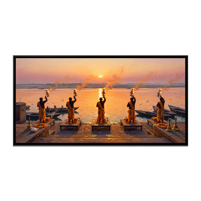 Subah-e-Banaras, Dawn Aarti at Assi Ghat, canvas print in a floater frame on a plain white background