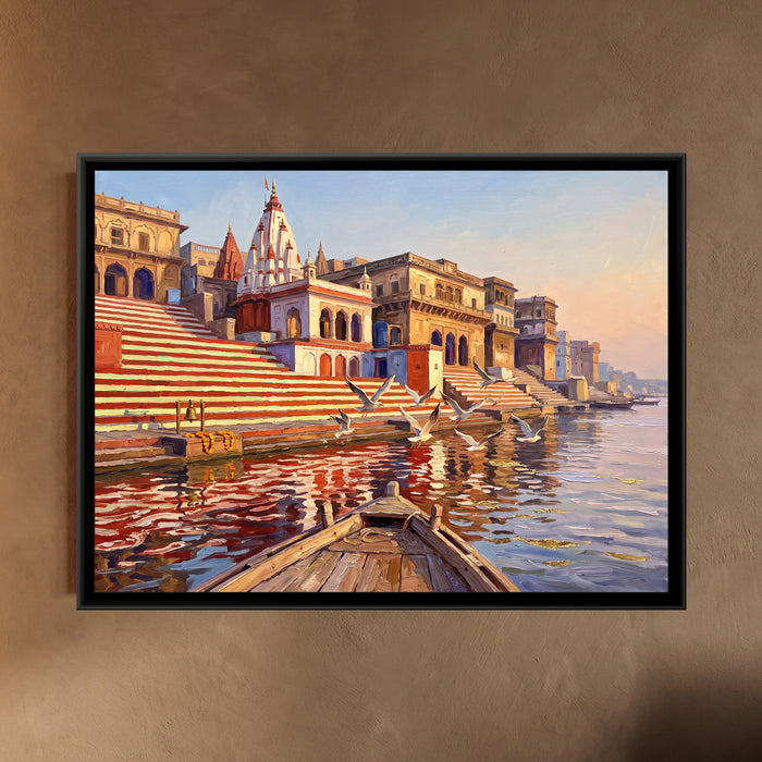 Kedar Ghat's Striped Steps at Sunrise, framed canvas print on a wall