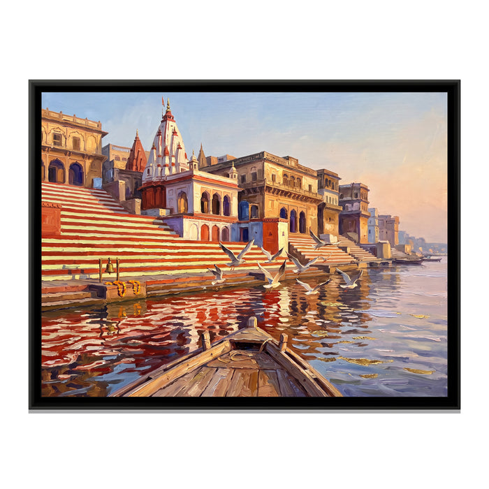 Kedar Ghat's Striped Steps at Sunrise, canvas print in a floater frame on a plain white background
