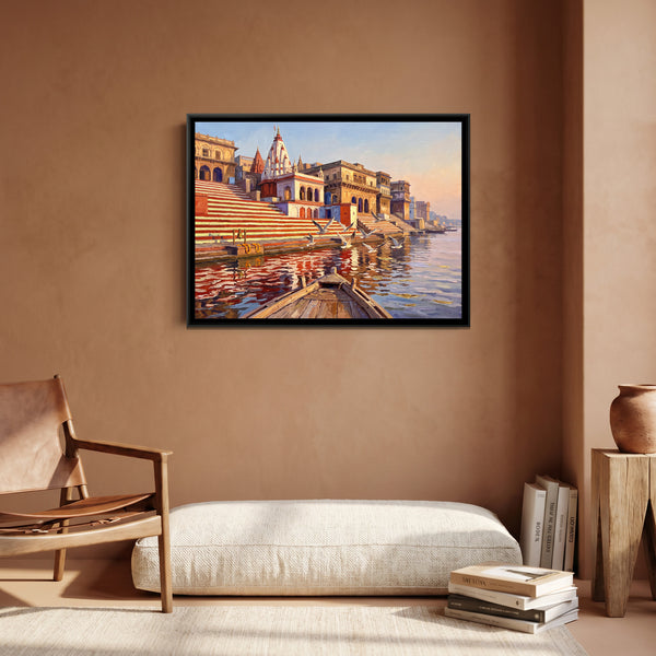Kedar Ghat's Striped Steps at Sunrise, canvas in a room