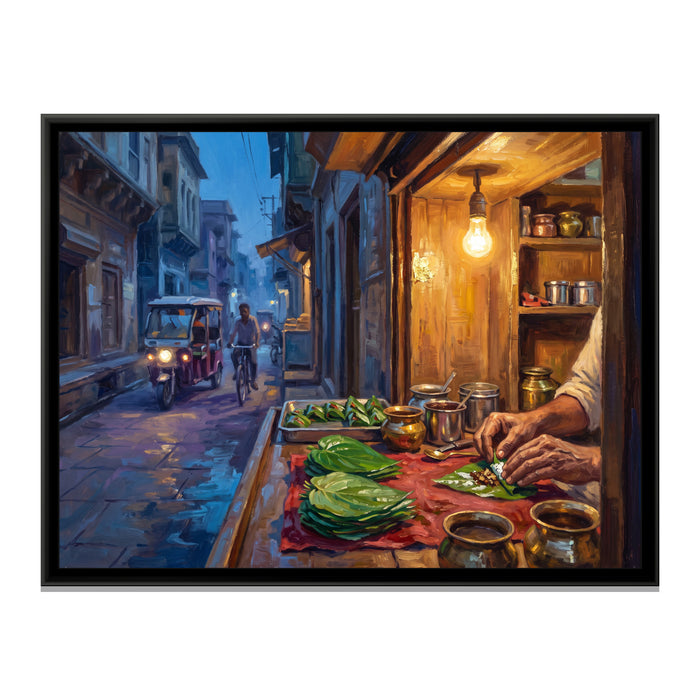 The Paan Shop at Dusk, Banaras, canvas print in a floater frame on a plain white background