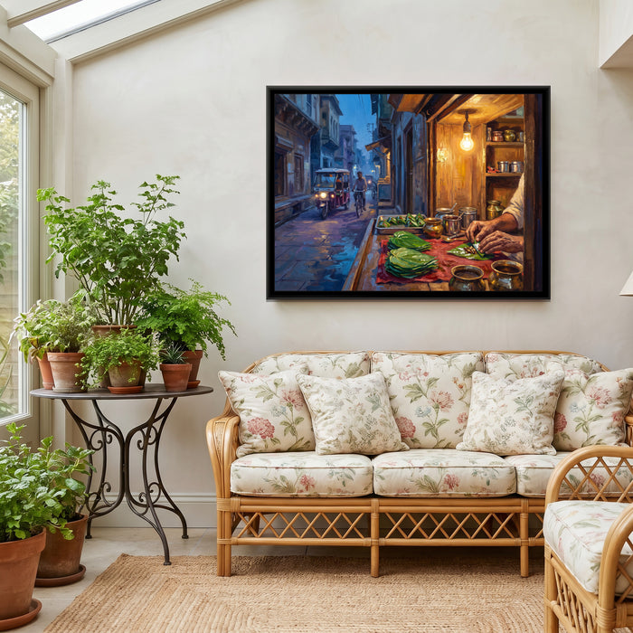 The Paan Shop at Dusk, Banaras, canvas print shown in a room