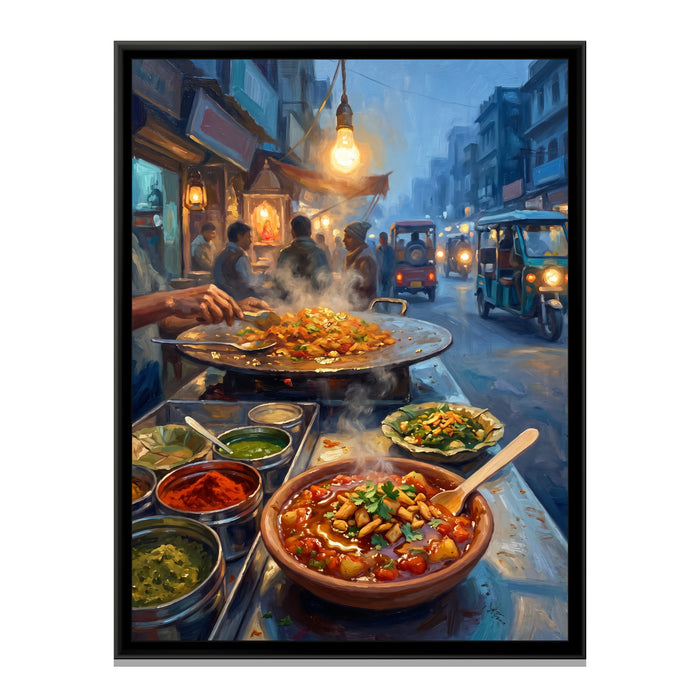 Tamatar Chaat at Dusk, Godowlia, canvas print in a floater frame on a plain white background