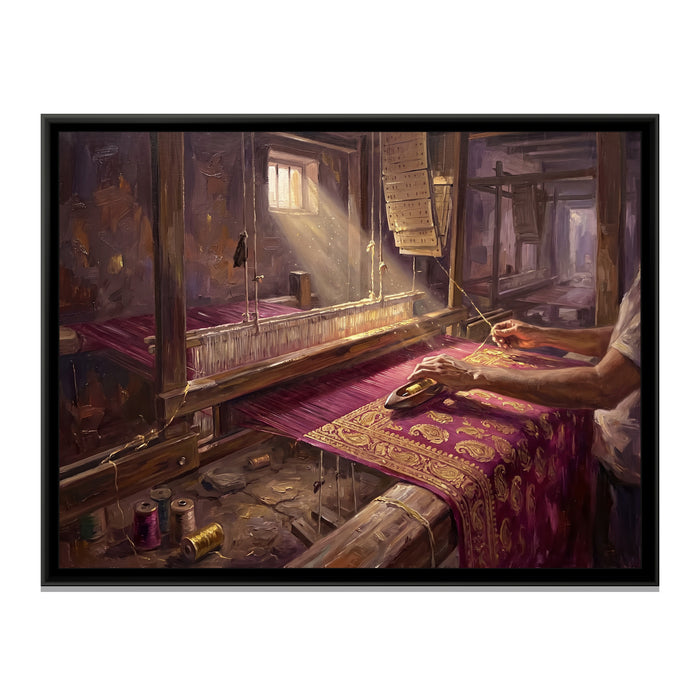 The Weaver's Loom in Madanpura, canvas print in a floater frame on a plain white background