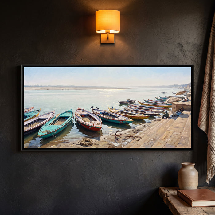 Boats Resting at Assi Ghat at Noon, framed canvas print on a wall