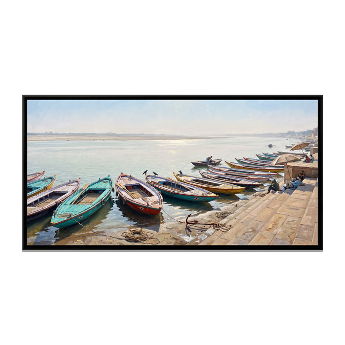 Boats Resting at Assi Ghat at Noon, canvas print in a floater frame on a plain white background
