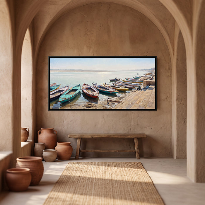 Boats Resting at Assi Ghat at Noon, canvas in a room