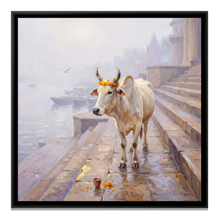A Cow on the Ghat Steps in Winter Fog, canvas print in a floater frame on a plain white background