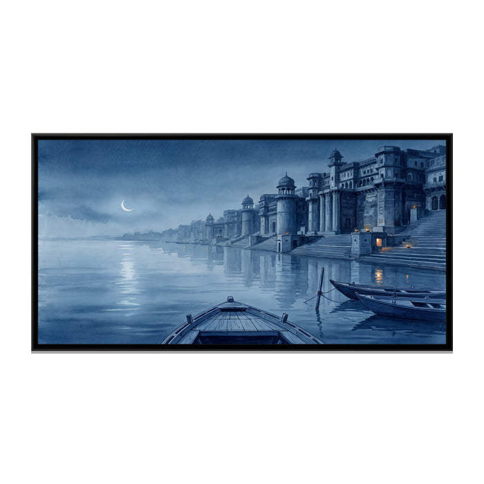 Moonlit Night on the Varanasi Ghats, canvas print in a floater frame on a plain white background