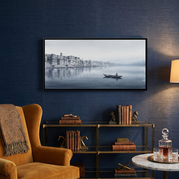 Boatman and Gulls in the Grey Dawn Mist, canvas print shown in a room