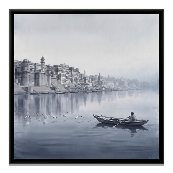 Boatman and Gulls in the Grey Dawn Mist, Square, canvas print in a floater frame on a plain white background