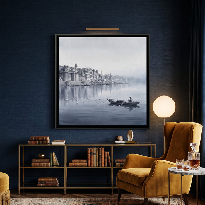 Boatman and Gulls in the Grey Dawn Mist, Square, canvas print shown in a room
