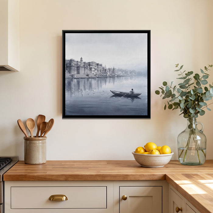 Boatman and Gulls in the Grey Dawn Mist, Square, canvas print shown in a second room