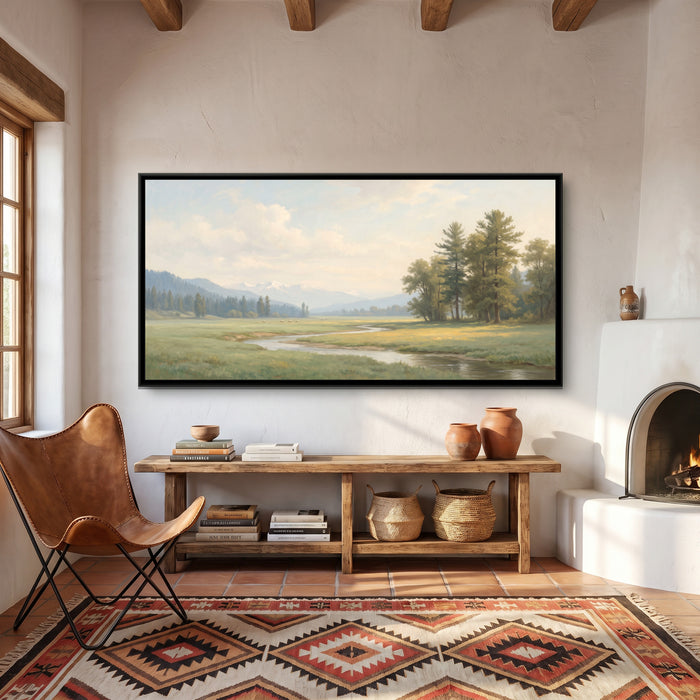Spring Meadow and Stream near Pahalgam, canvas print shown in a second room