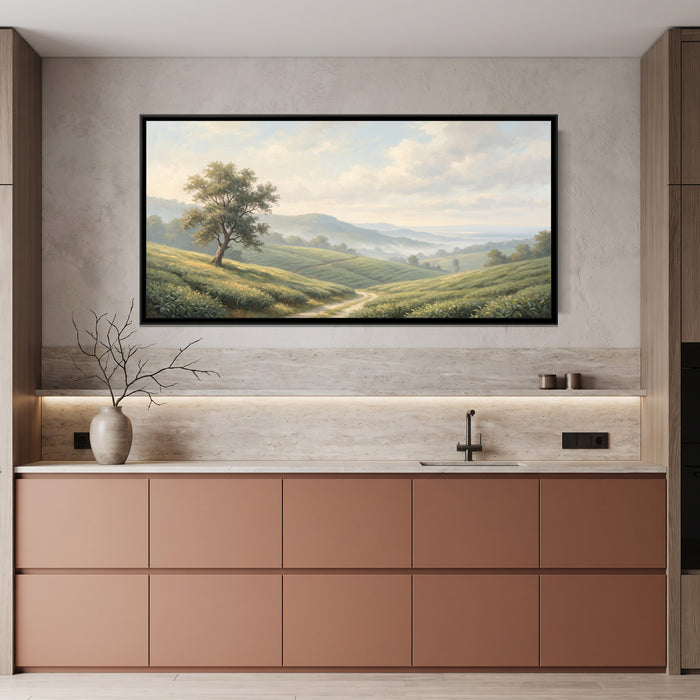 Morning Mist over the Munnar Tea Hills, canvas print shown in a second room