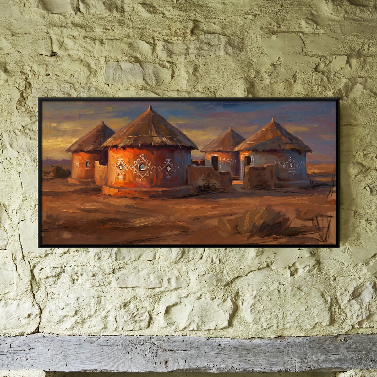 Painted Mud Huts at Dusk, canvas on a living-room wall