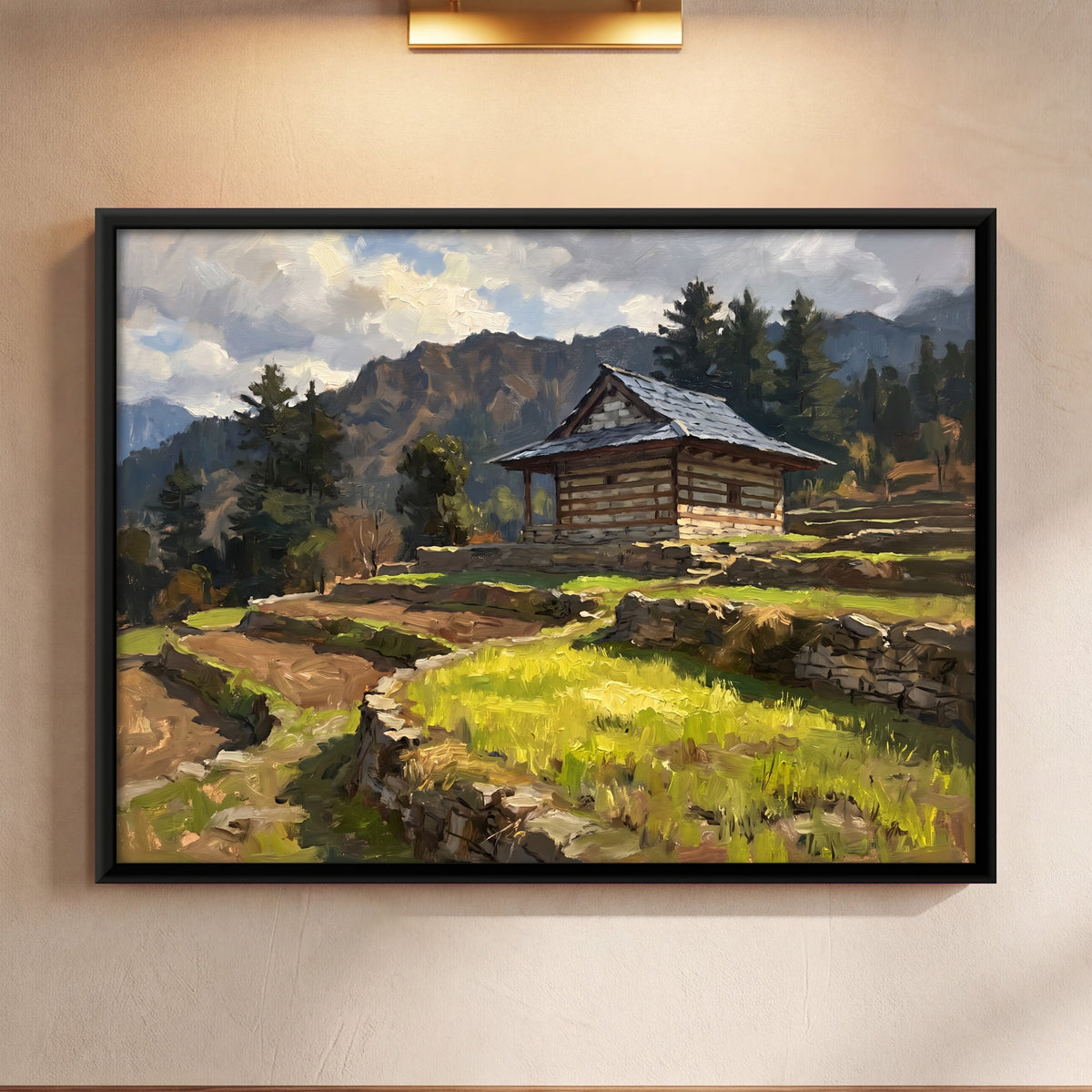 Himalayan House in Terraced Fields, canvas on a living-room wall
