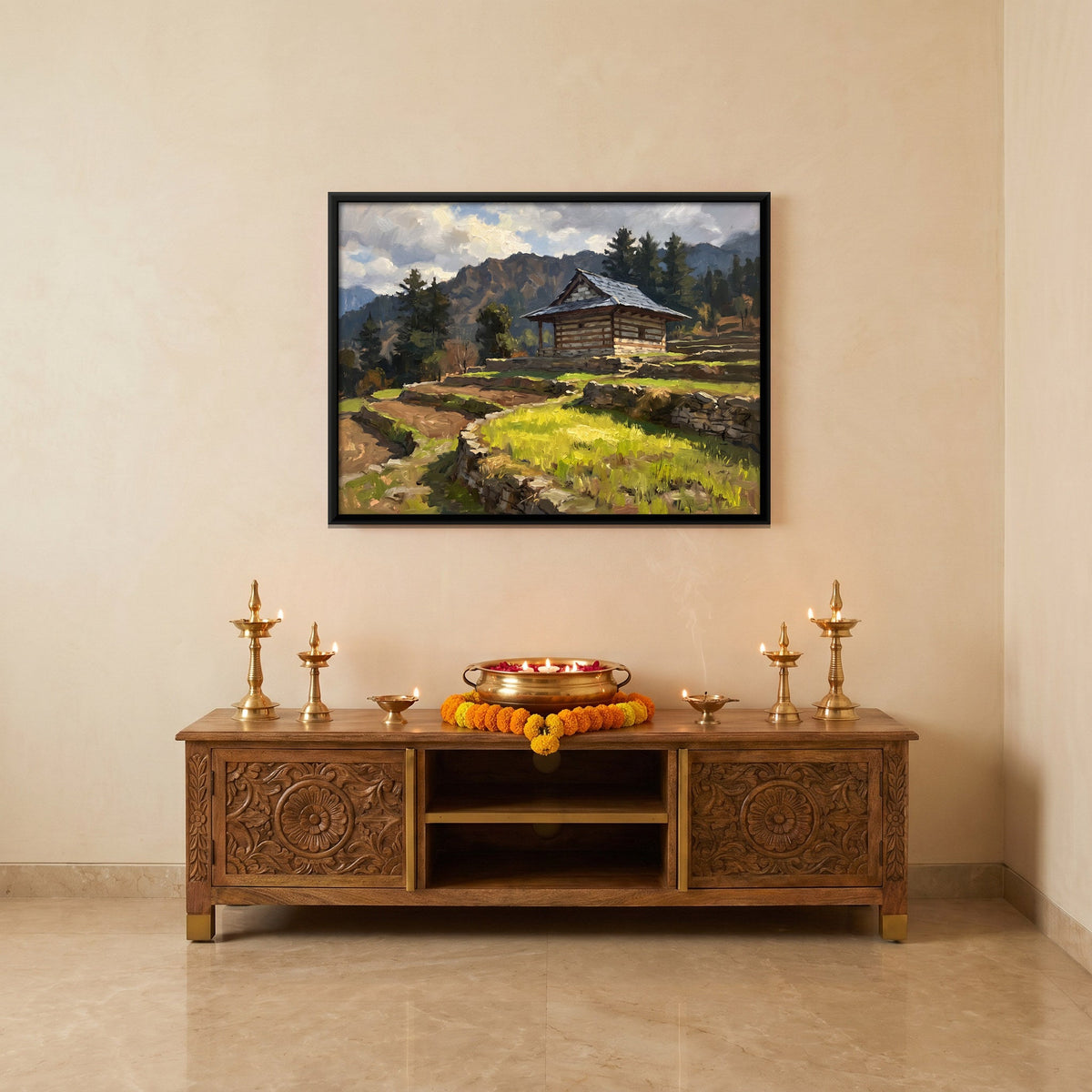 Himalayan House in Terraced Fields, canvas in a furnished room