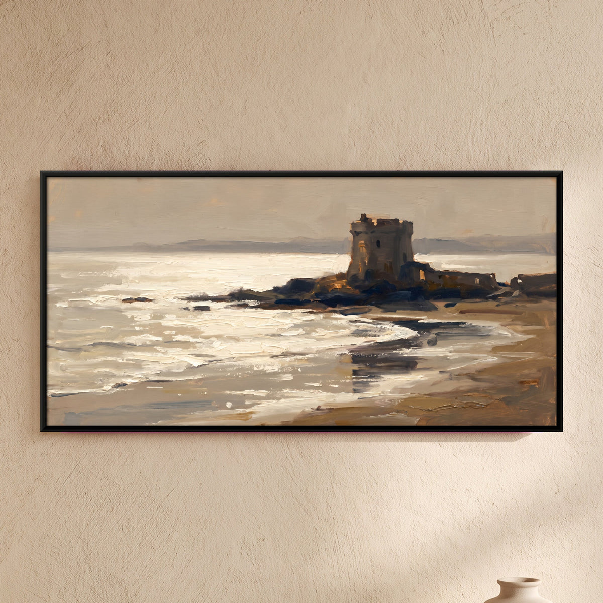 Ruined Watchtower by the Sea, canvas on a living-room wall
