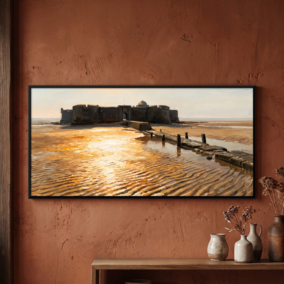 Causeway Leading to a Sea Fort at Low Tide, canvas on a living-room wall