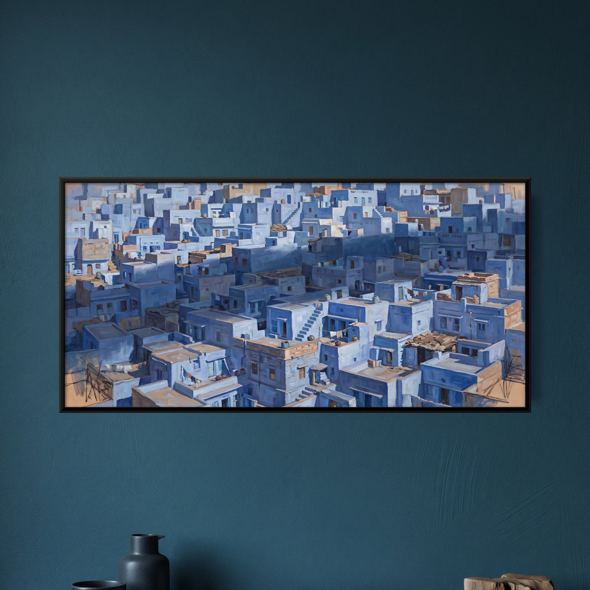 Blue-Washed City Rooftops, canvas on a living-room wall