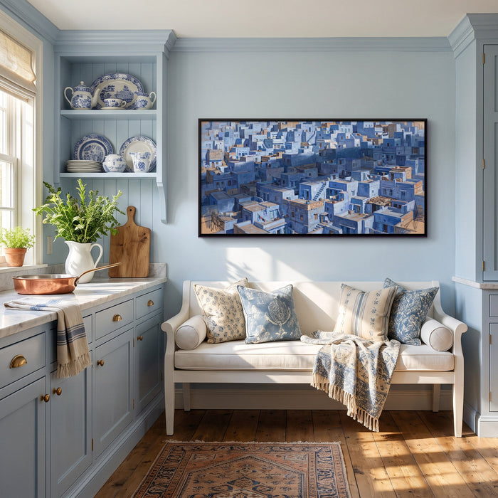 Blue-Washed City Rooftops, canvas in a room