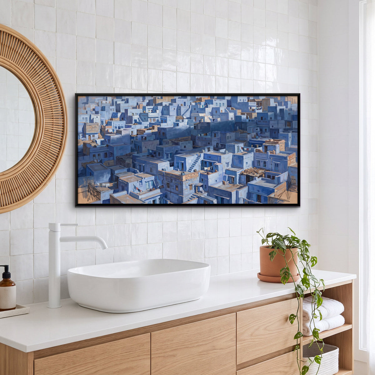 Blue-Washed City Rooftops, canvas in a second room