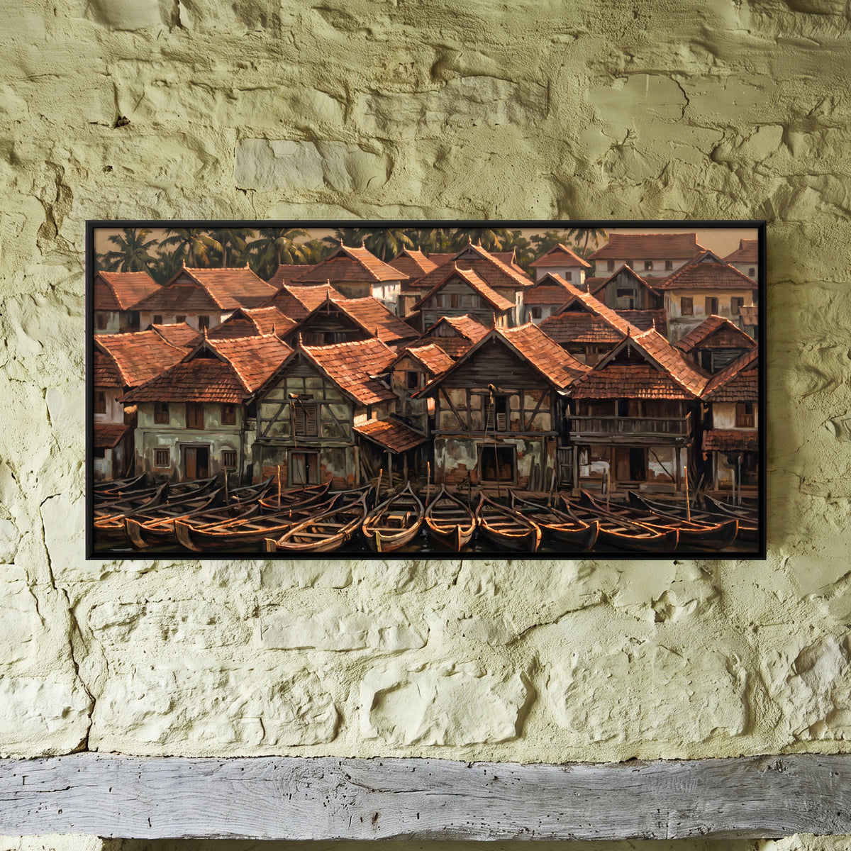 Kerala Backwater Village with Boats, canvas on a living-room wall