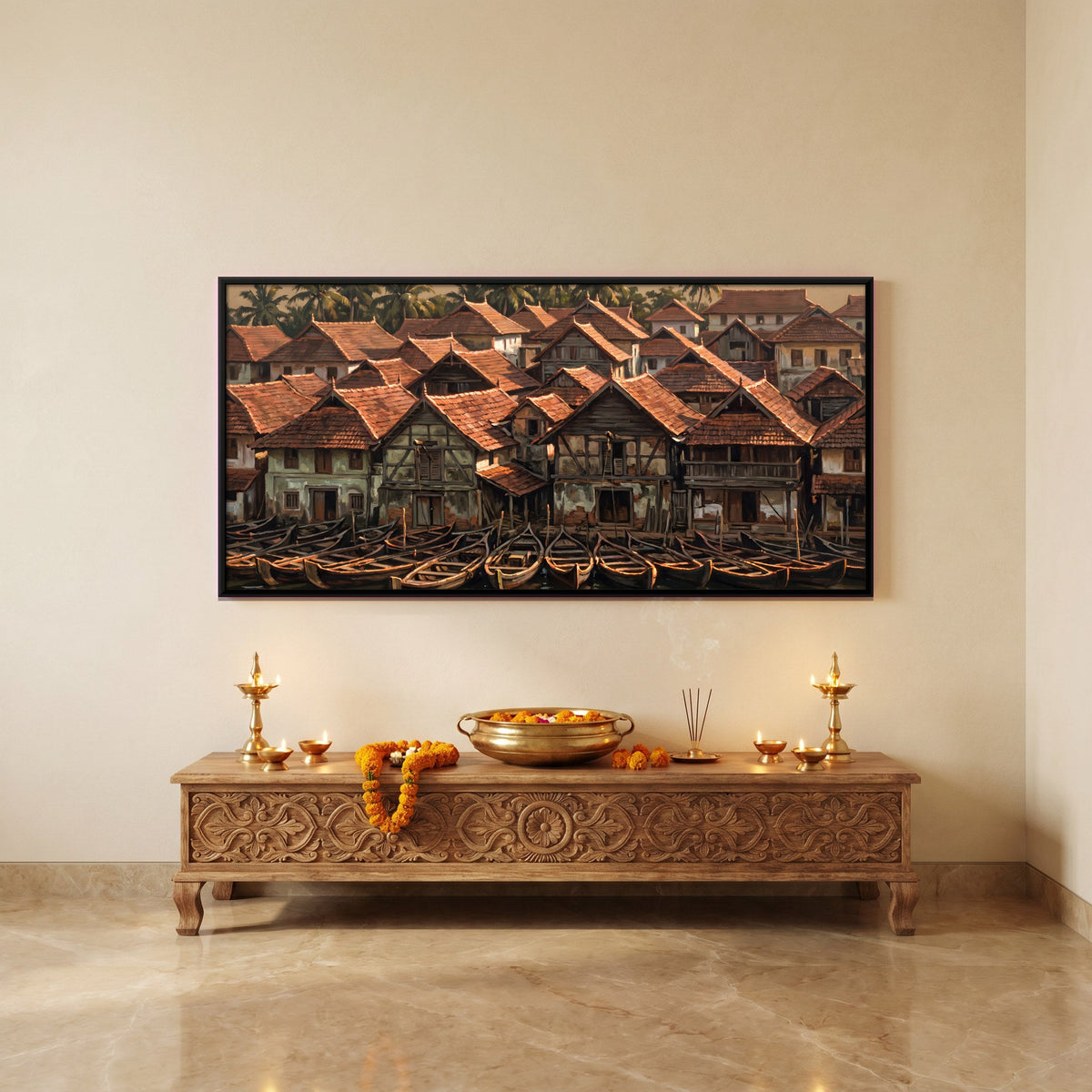 Kerala Backwater Village with Boats, canvas in a second room
