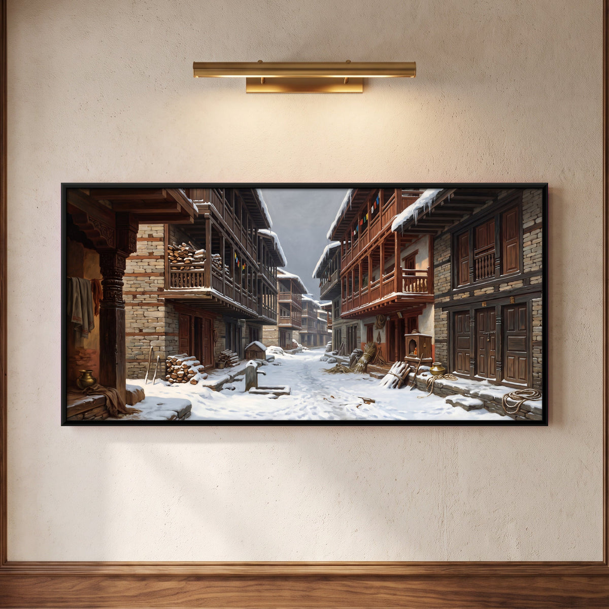 Snowbound Street in a Mountain Town, canvas on a living-room wall