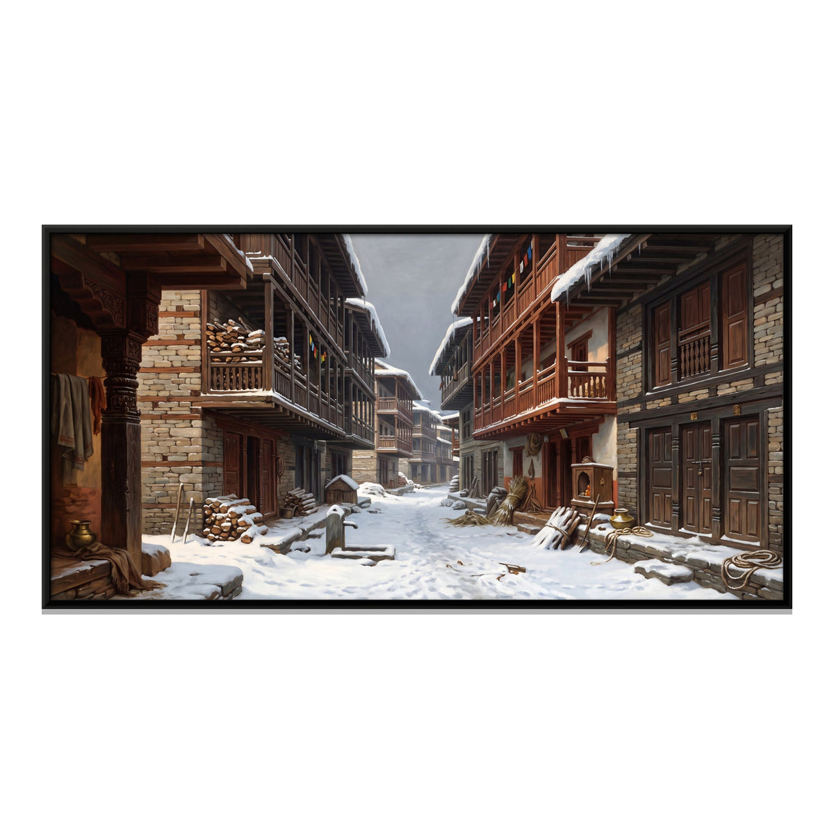 Snowbound Street in a Mountain Town, close-up of the print surface