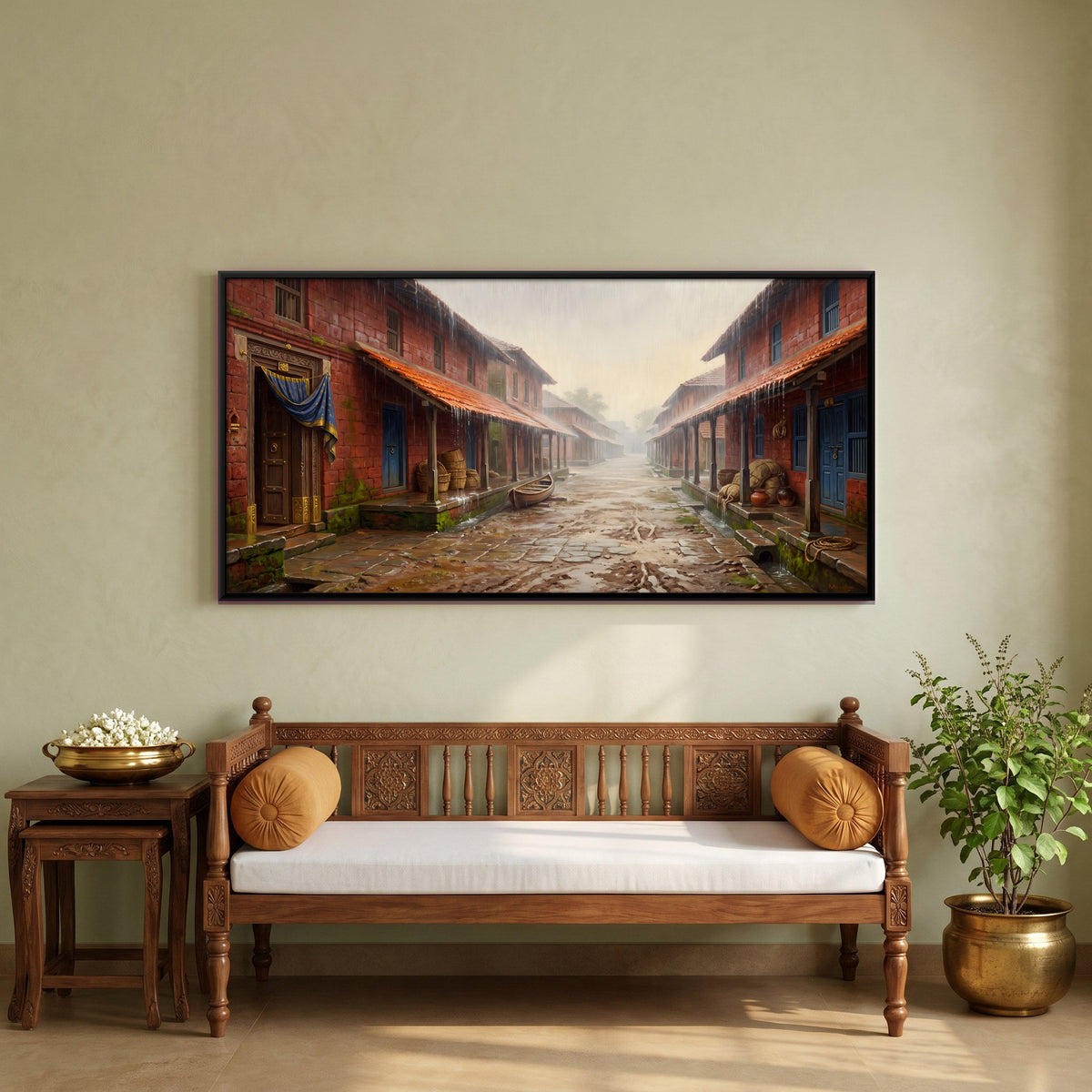 Rainy Bazaar Street, canvas in a furnished room