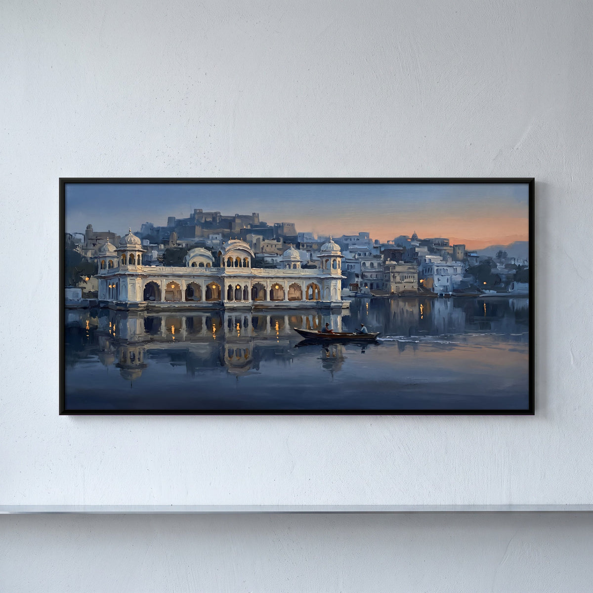 Udaipur Lake Palace at Dusk, canvas on a living-room wall