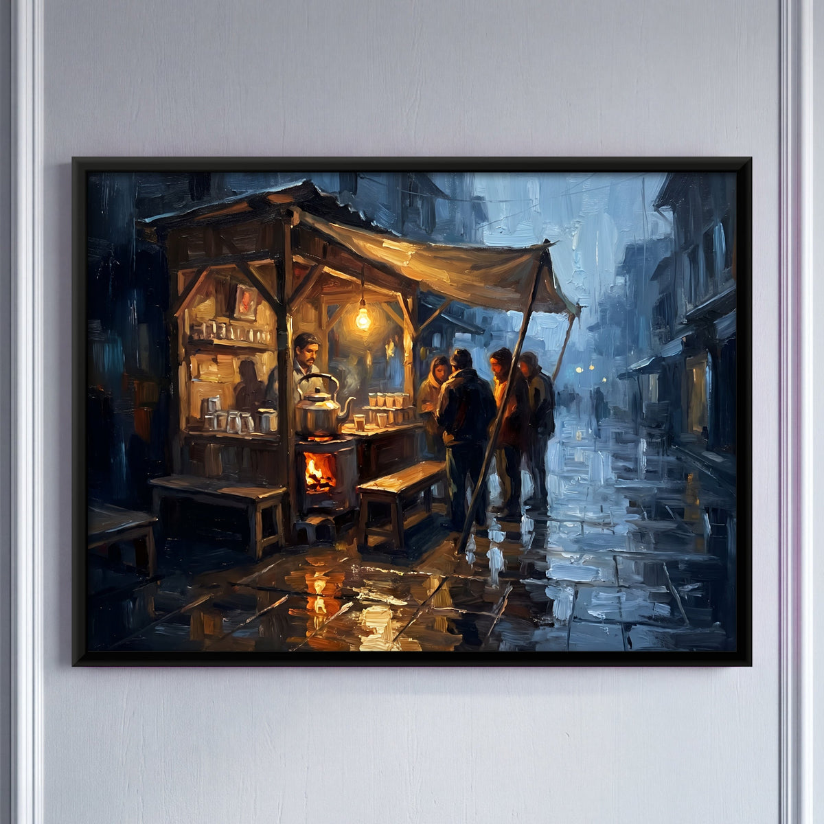 Chai Stall at Night, canvas on a living-room wall