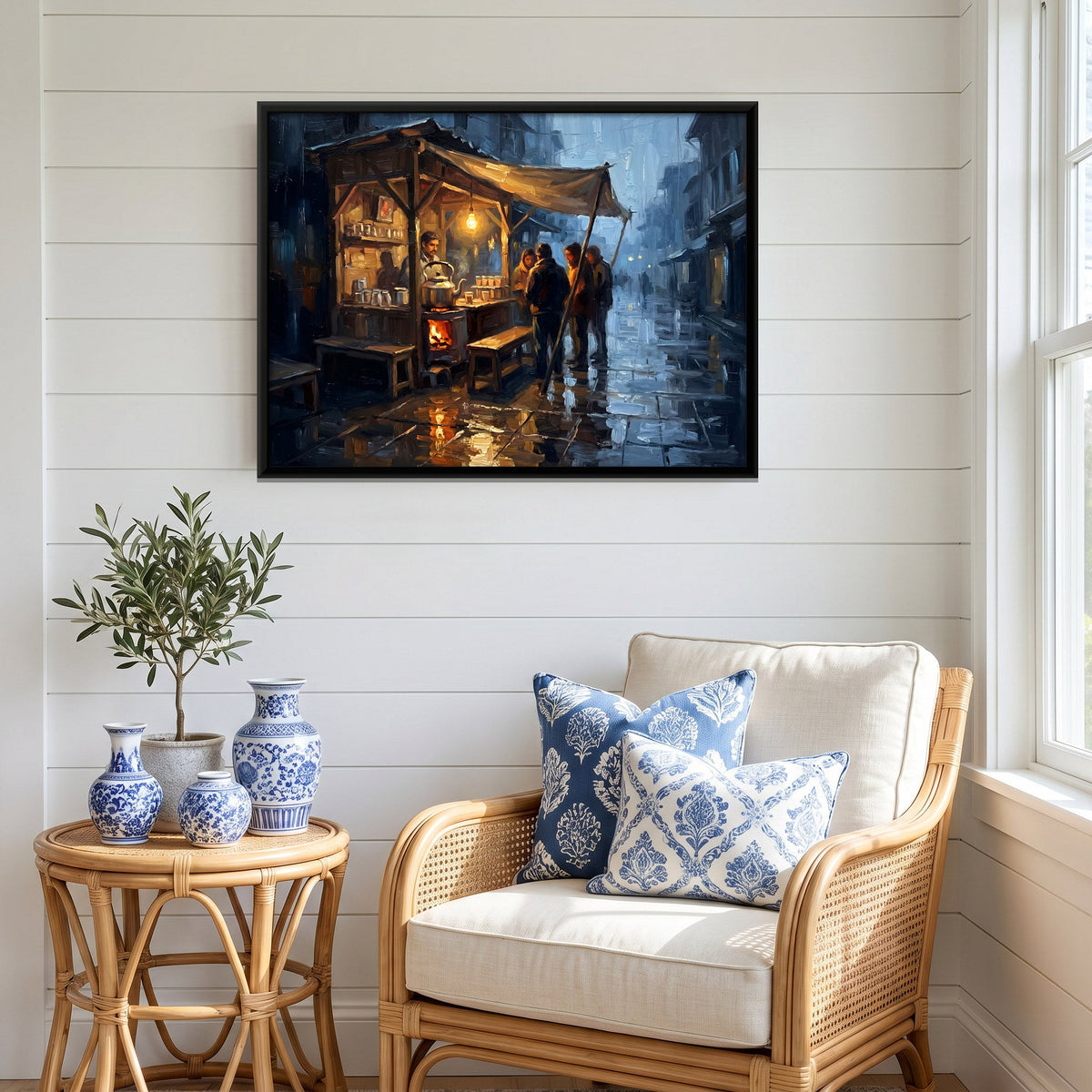 Chai Stall at Night, canvas in a furnished room