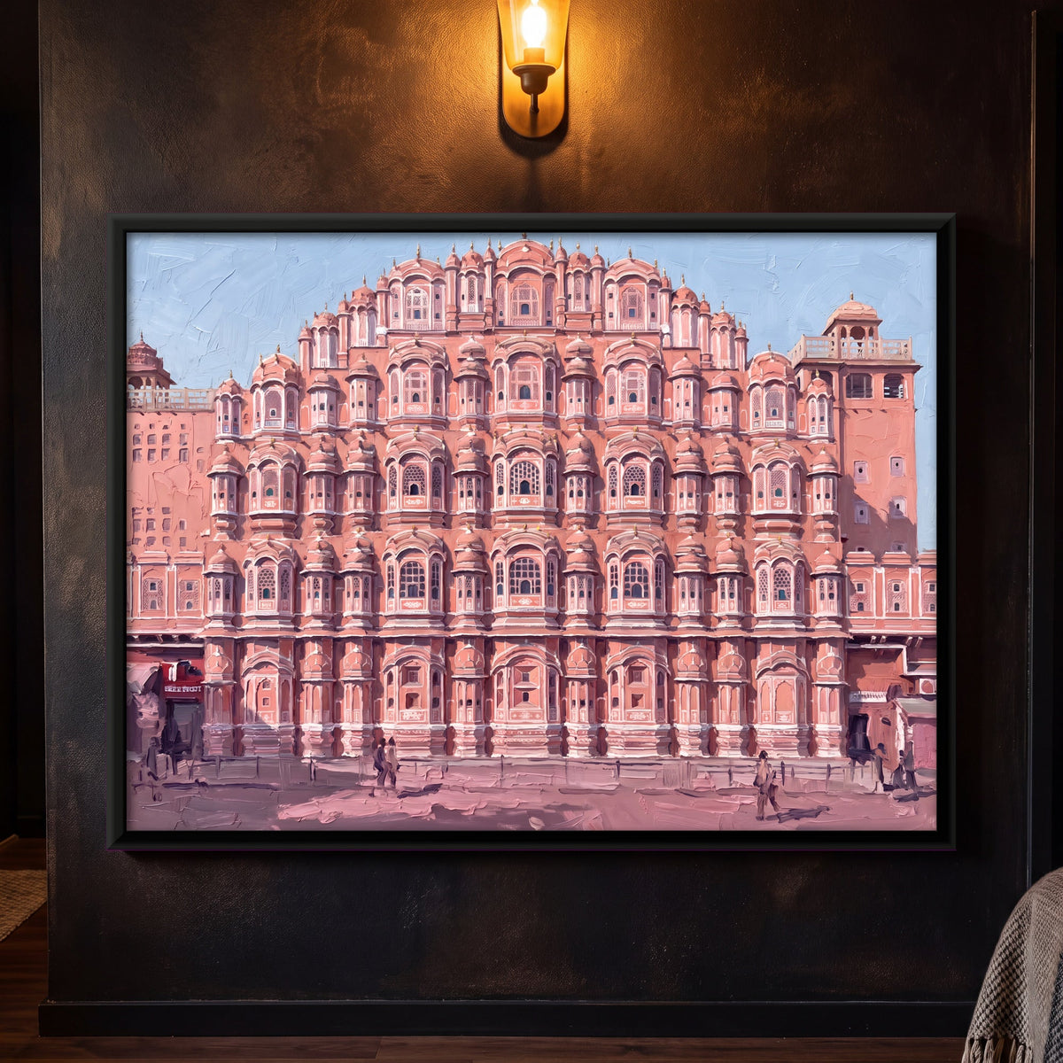 Hawa Mahal Facade in Mist, canvas on a living-room wall