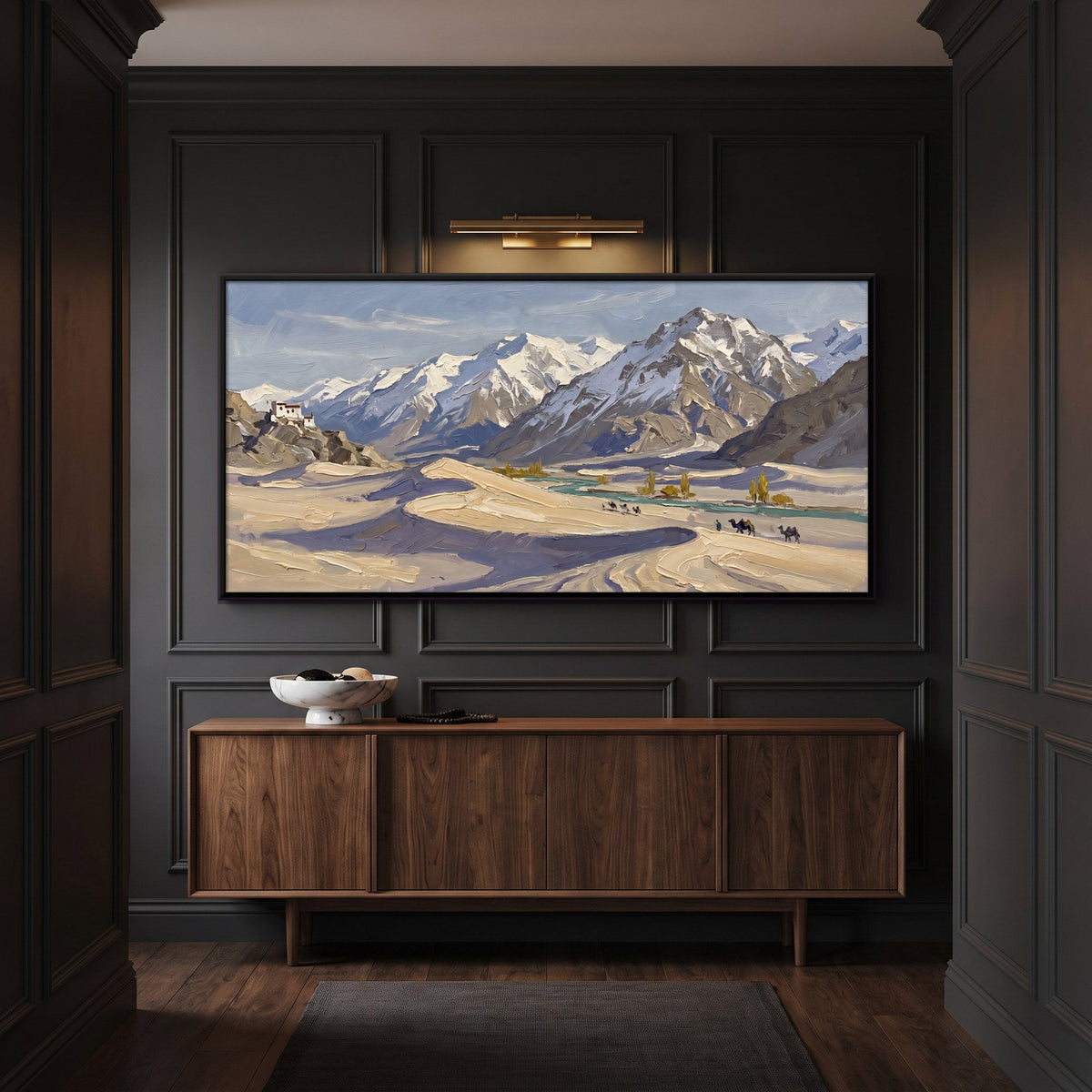 Camel Caravan in the Cold Desert, canvas in a furnished room