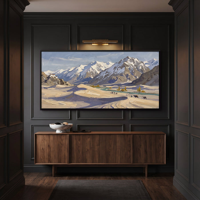 Camel Caravan in the Cold Desert, canvas in a room