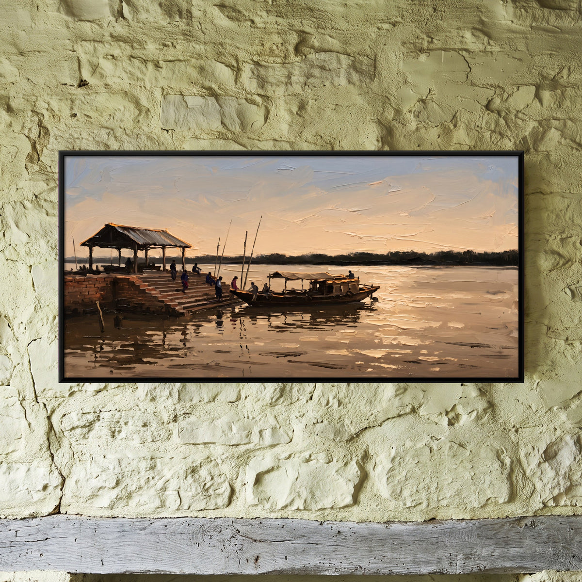 River Ghat with Steps and Boats, canvas on a living-room wall