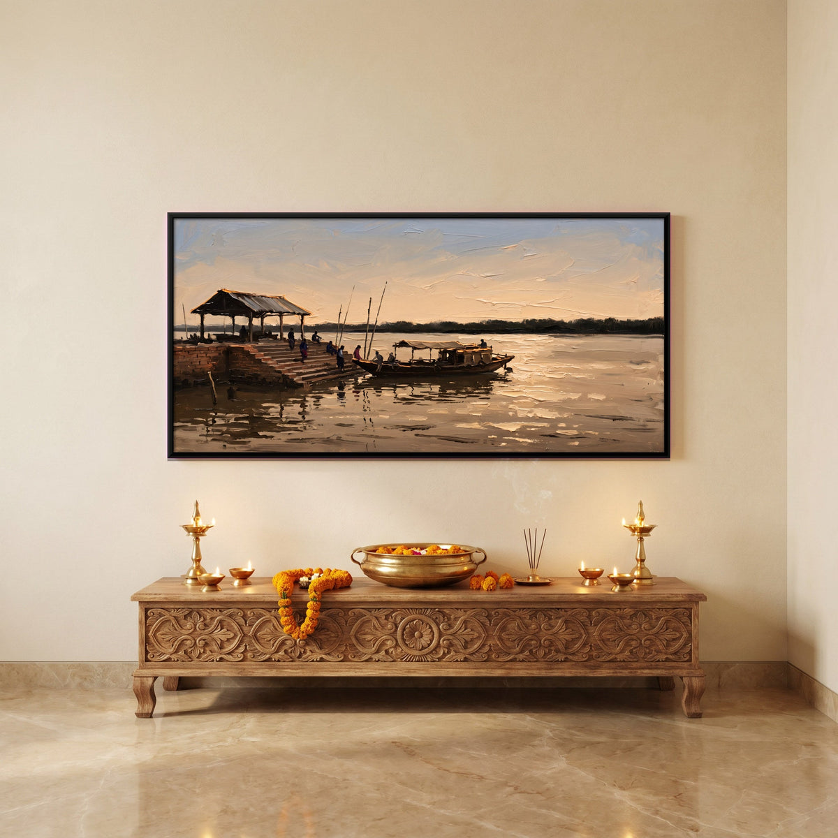 River Ghat with Steps and Boats, canvas in a furnished room