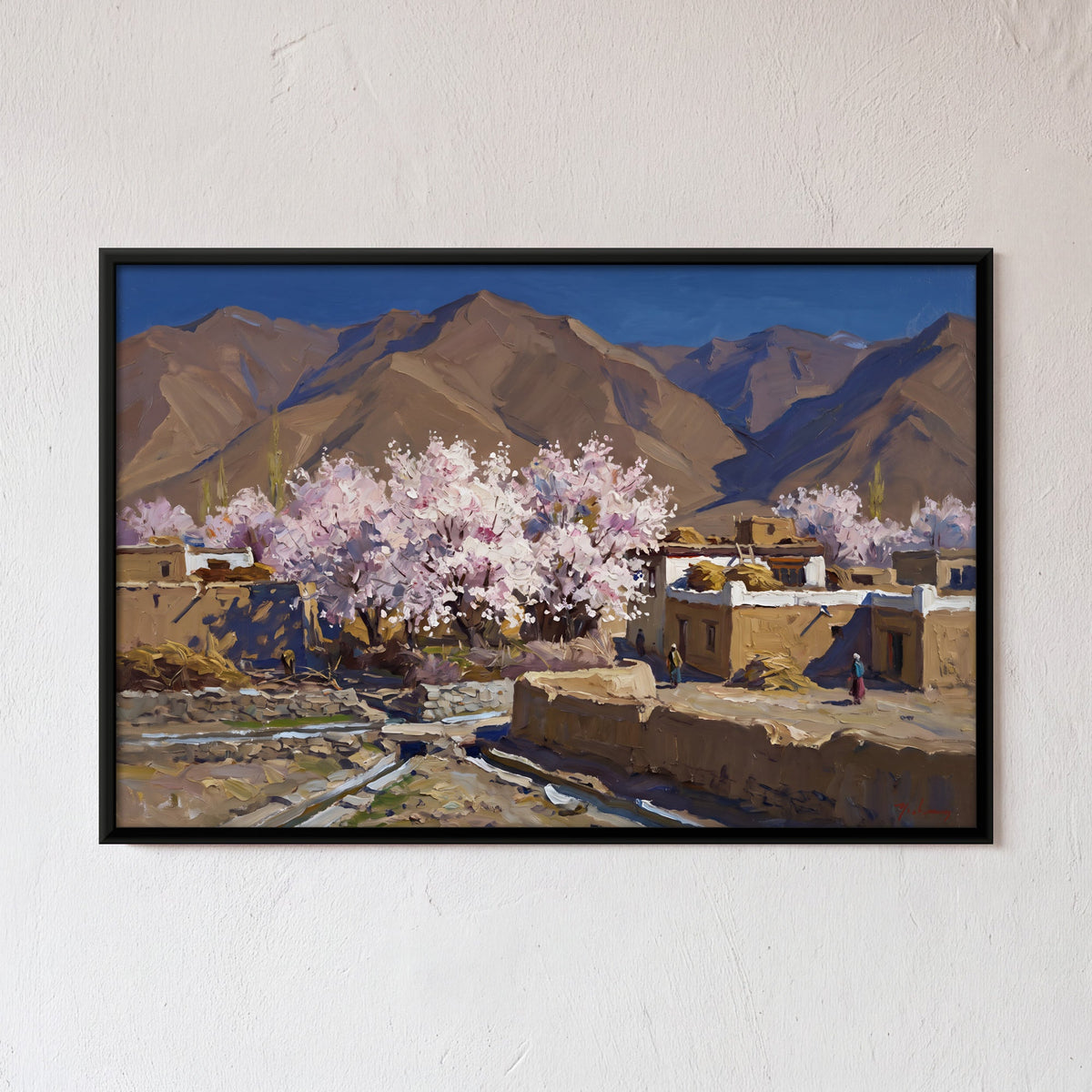 Mountain Village with Blooming Pink Trees, canvas on a living-room wall