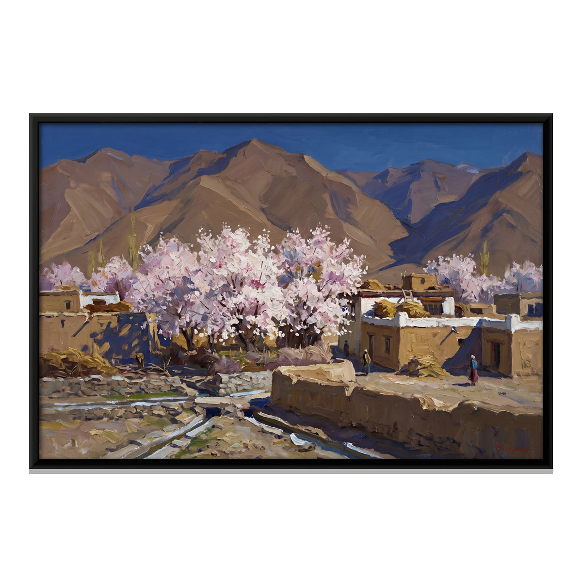 Mountain Village with Blooming Pink Trees, canvas front view
