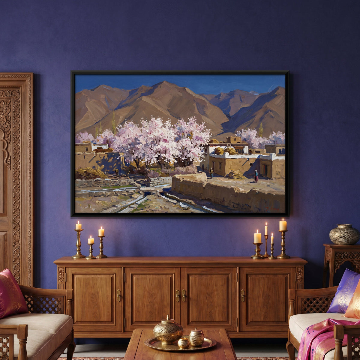Mountain Village with Blooming Pink Trees, canvas in a furnished room