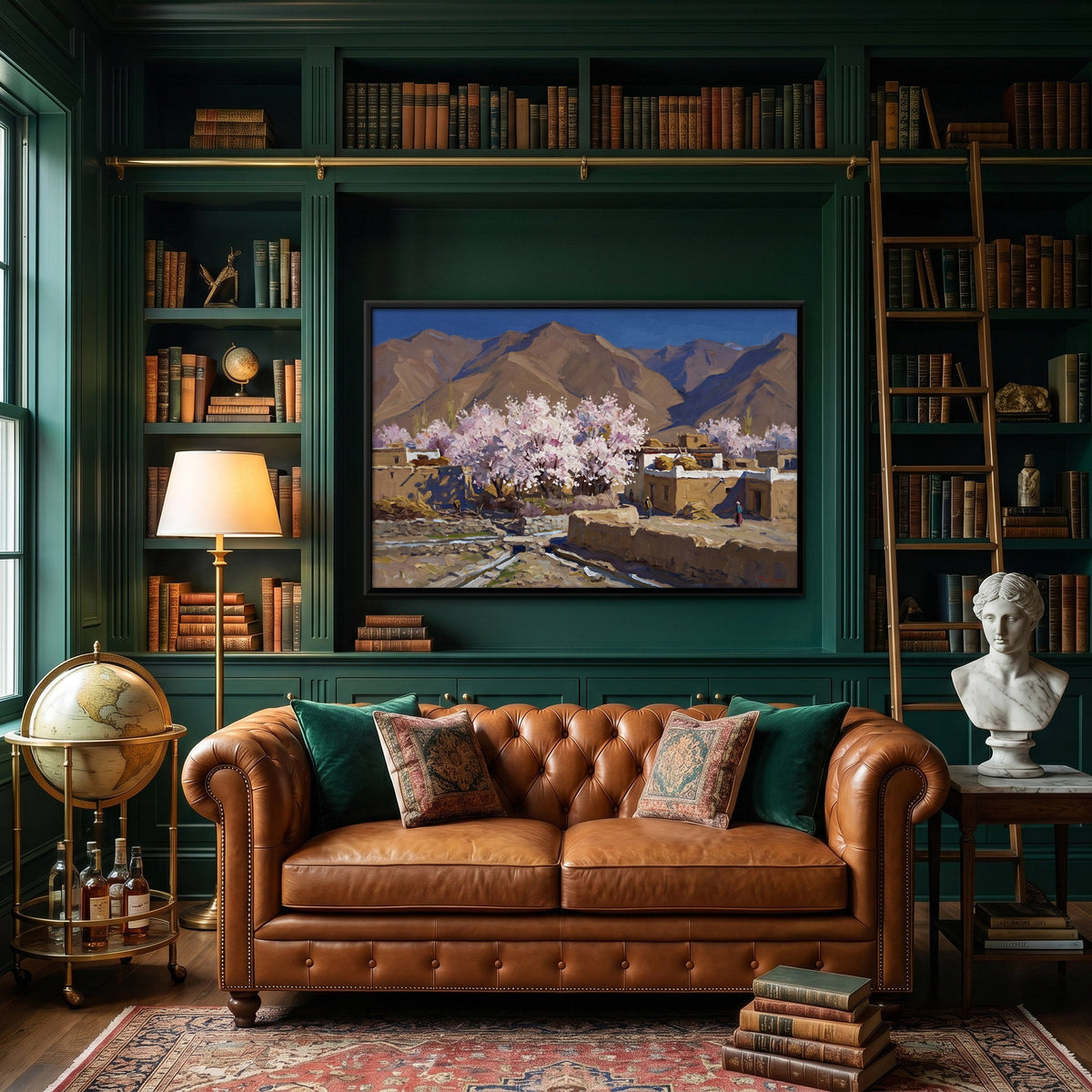 Mountain Village with Blooming Pink Trees, canvas in a second room