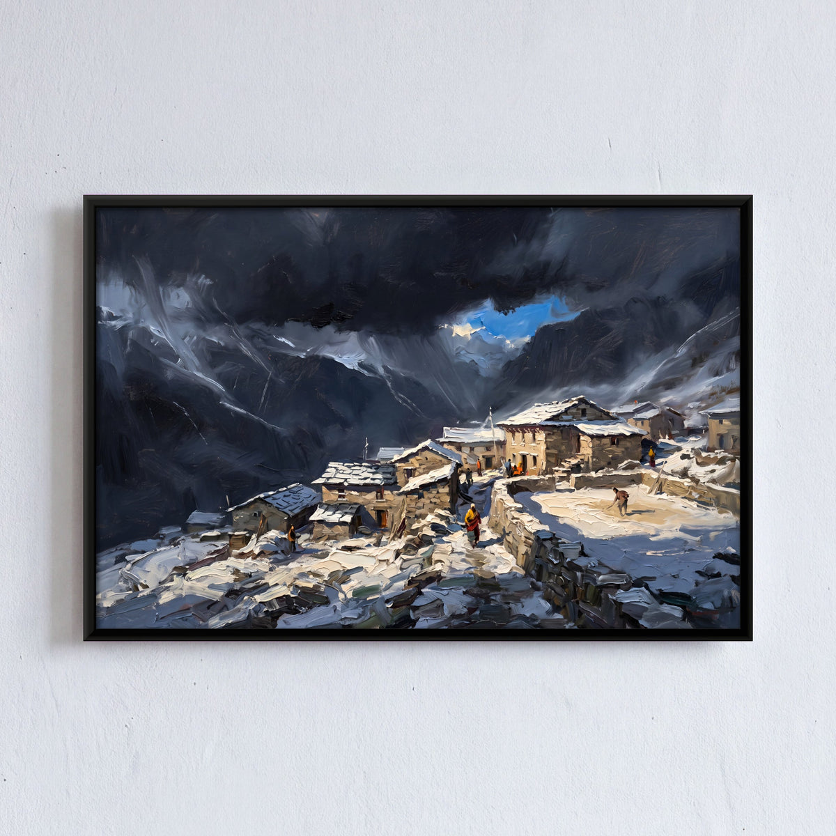 Snowbound Himalayan Village, canvas on a living-room wall
