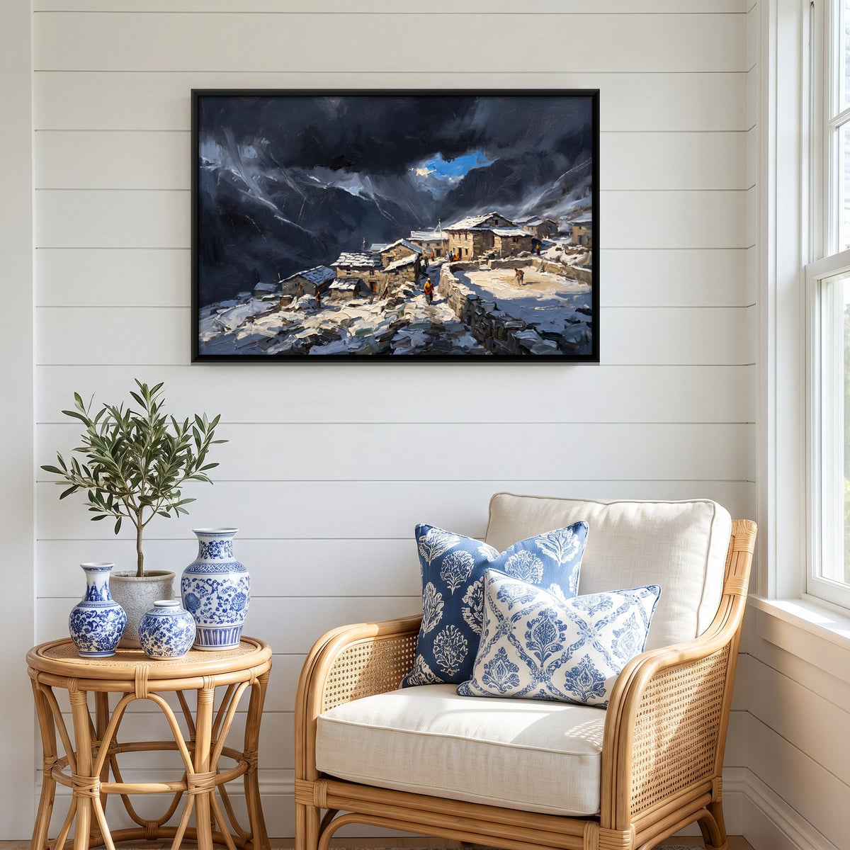 Snowbound Himalayan Village, canvas in a furnished room