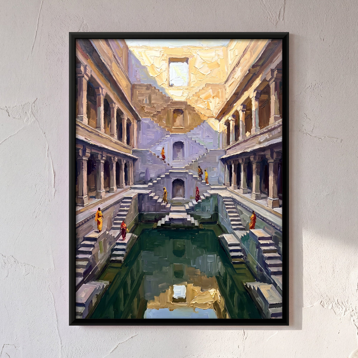 Multi-tiered Stepwell Descending to Green Water, canvas on a living-room wall