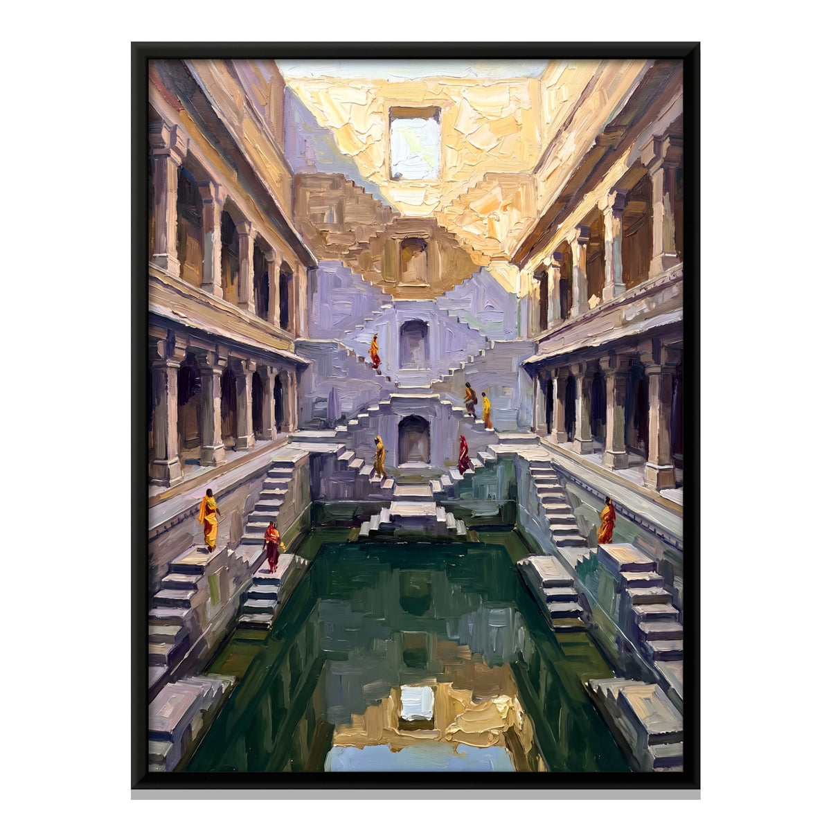 Multi-tiered Stepwell Descending to Green Water, canvas front view